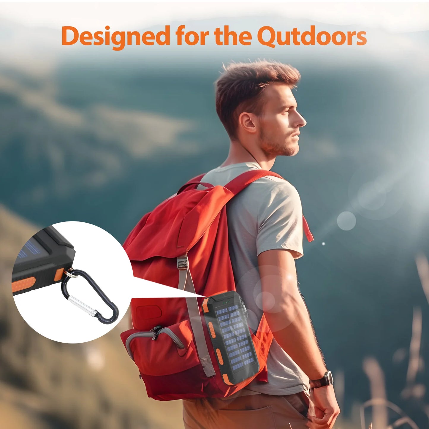 20000mAh Solar Power Bank Portable Charger Waterproof Dual 5V USB Ports 2 LED Light Flashlight Cell
