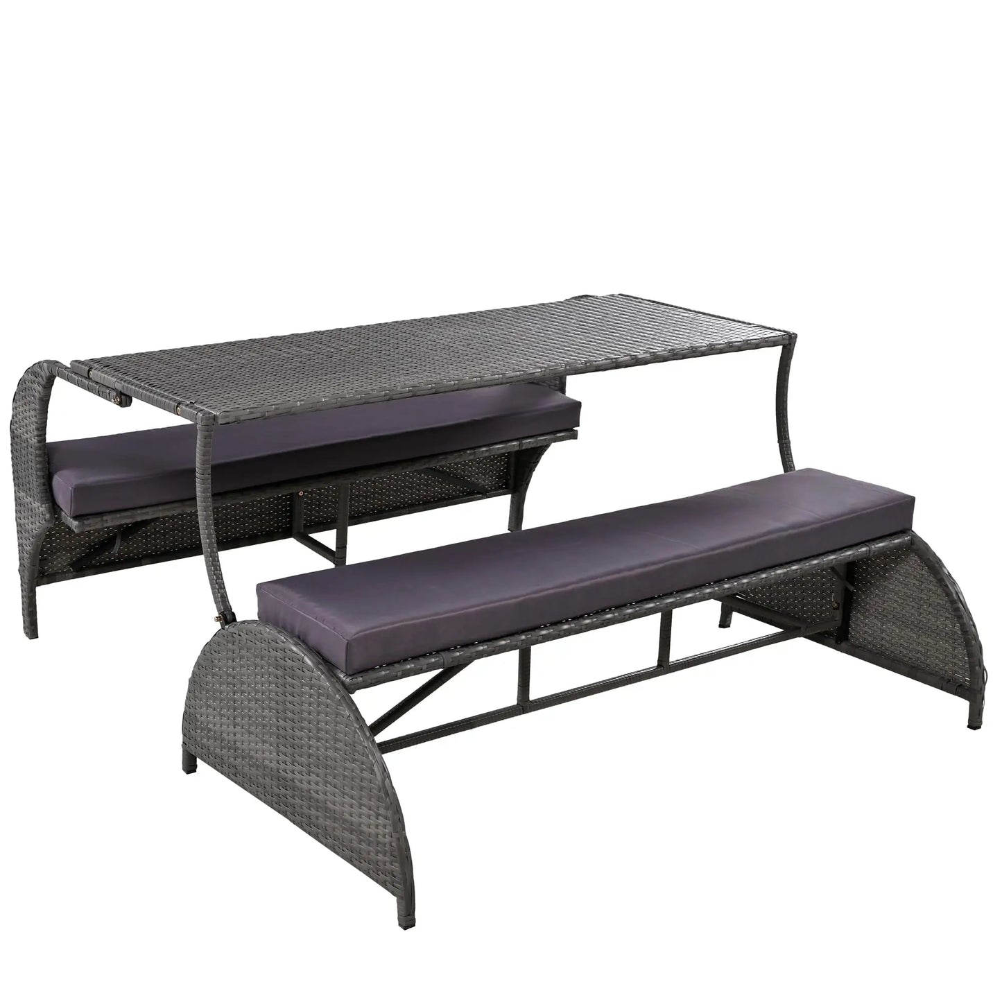 Outdr Rattan Loveseat Convertible Picnic Upholstered Bench Table Patio Convertible,4 Seats,1 Table