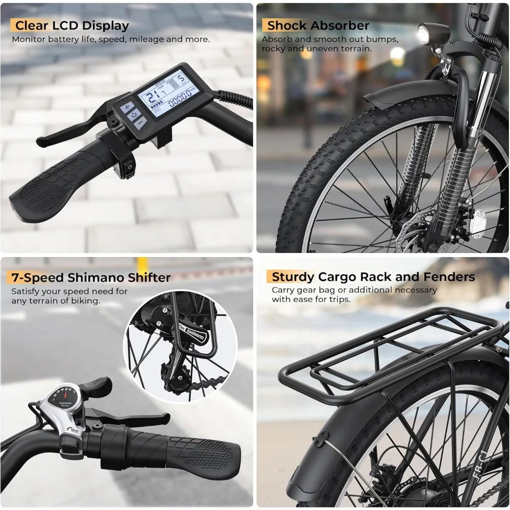Electric Bike, 1000W Peak 48V Removable Battery, Adjustable Stem, Front Suspension,7 Speed, 26"
