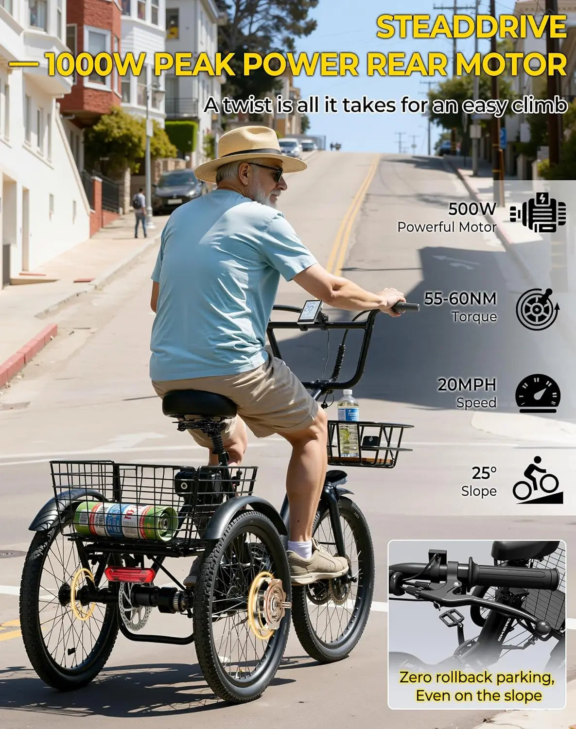 Electric Trike, 500W(Peak 1000W) Electric Tricycle for Adults, 20" Folding 3-Wheel Electric Bicycle, Step-Thru E, Customized