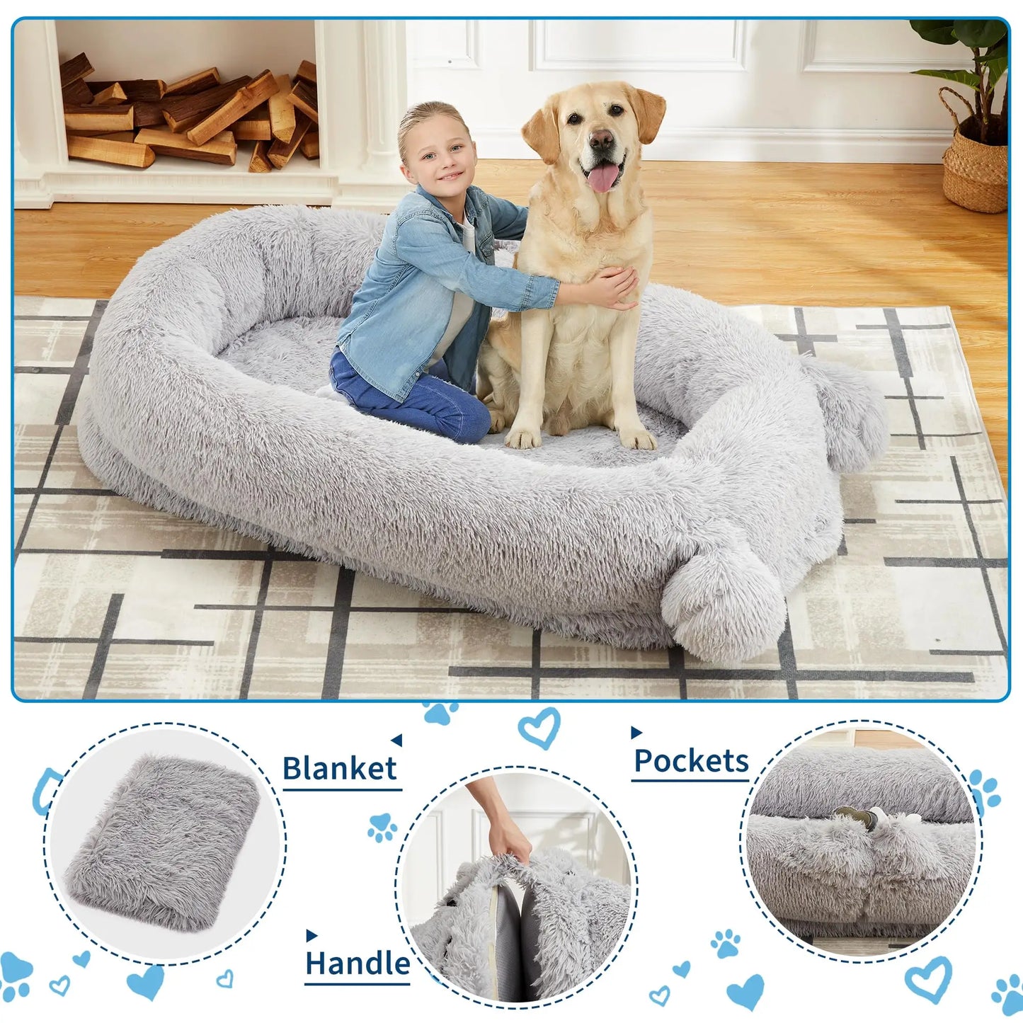 71" Large Human Size Dog Bed For Adults & Pets Removable Washable Cover Storage Pockets,Blanket Nap