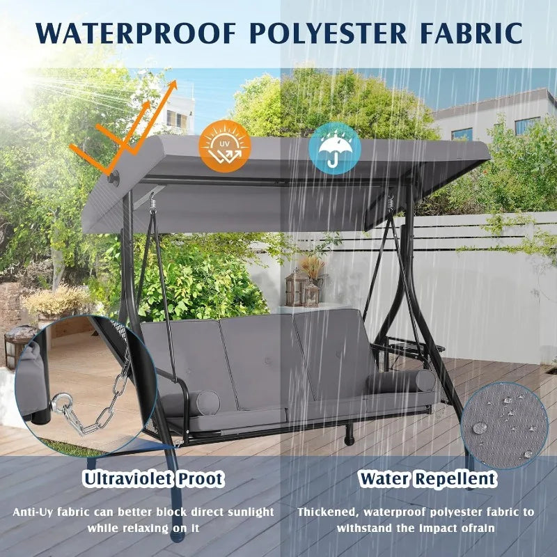 Outdoor Porch Swing,Canopy & Stand, 3 Person, for Adults, Convertible 2 in 1 Porch Bed Swing w/ Cup