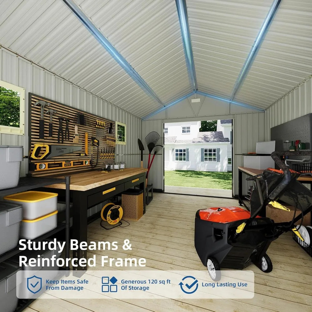 10x12FT Outdoor Storage Shed, Metal, Lockable Doors/ Windows, Large Tool Shed for Backyard, Patio