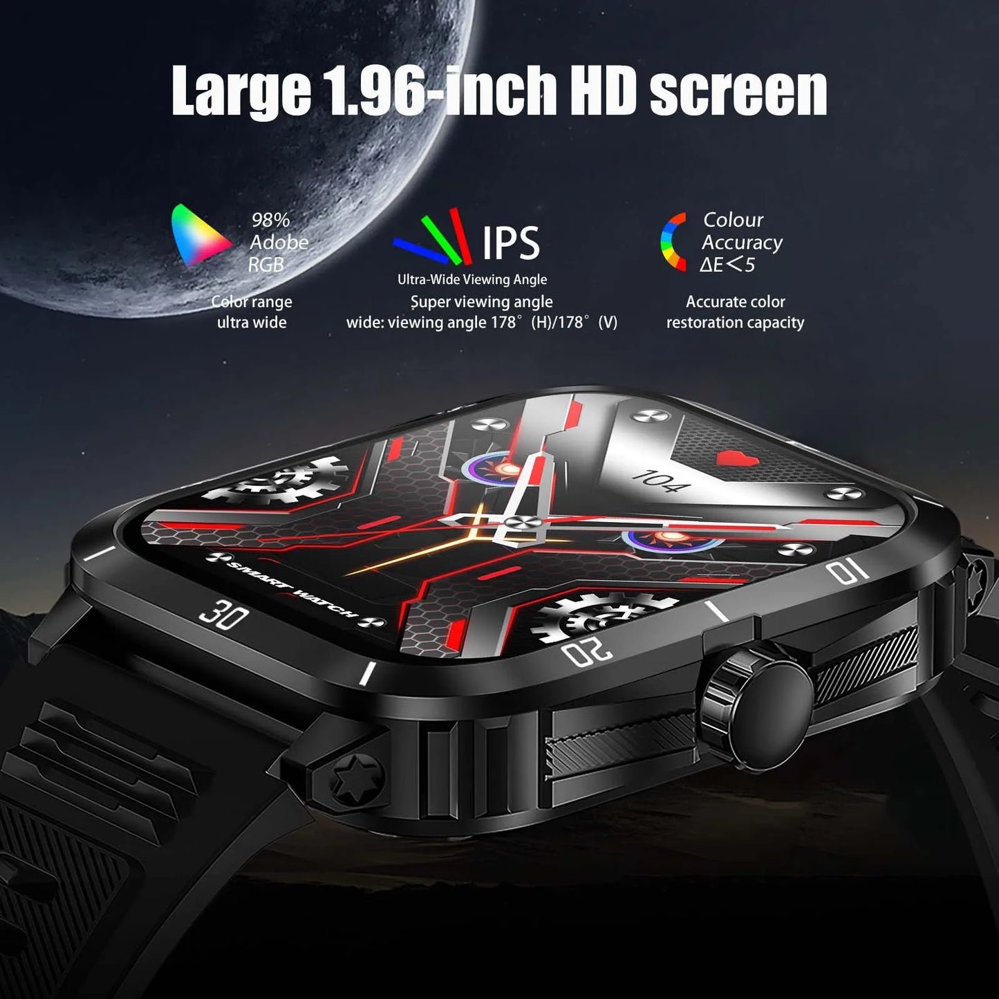 Smart Watch 3ATM Waterprf 1.96" IPS Screen KT71 Men 100+ Sport Mode Heart Rate Blood Pres. Bluetooth