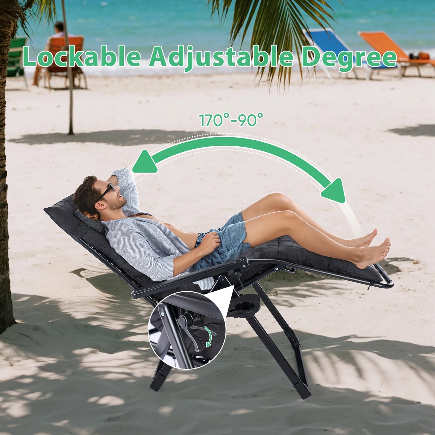 Zero Gravity Set 2 Portable Recliner Camping Patio Outdoor Chair,Cup Holder Trays Adjustable Pillow