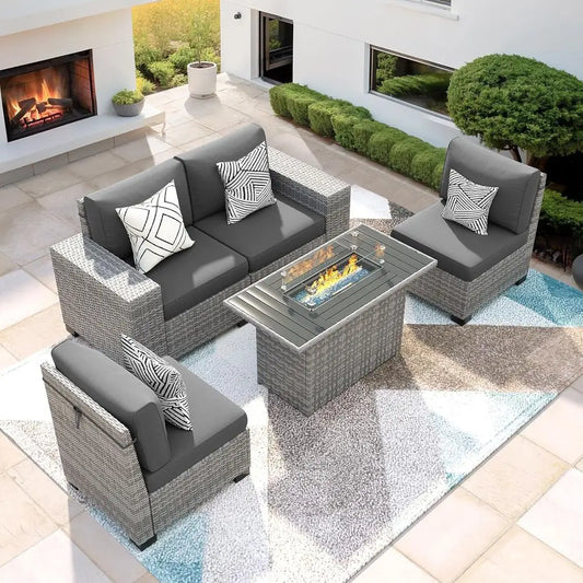 5-Piece Patio Set, Fire Pit Table, Outdoor Grey Wicker Rattan Sofa, 4 Thick Cushions, Grey Cover
