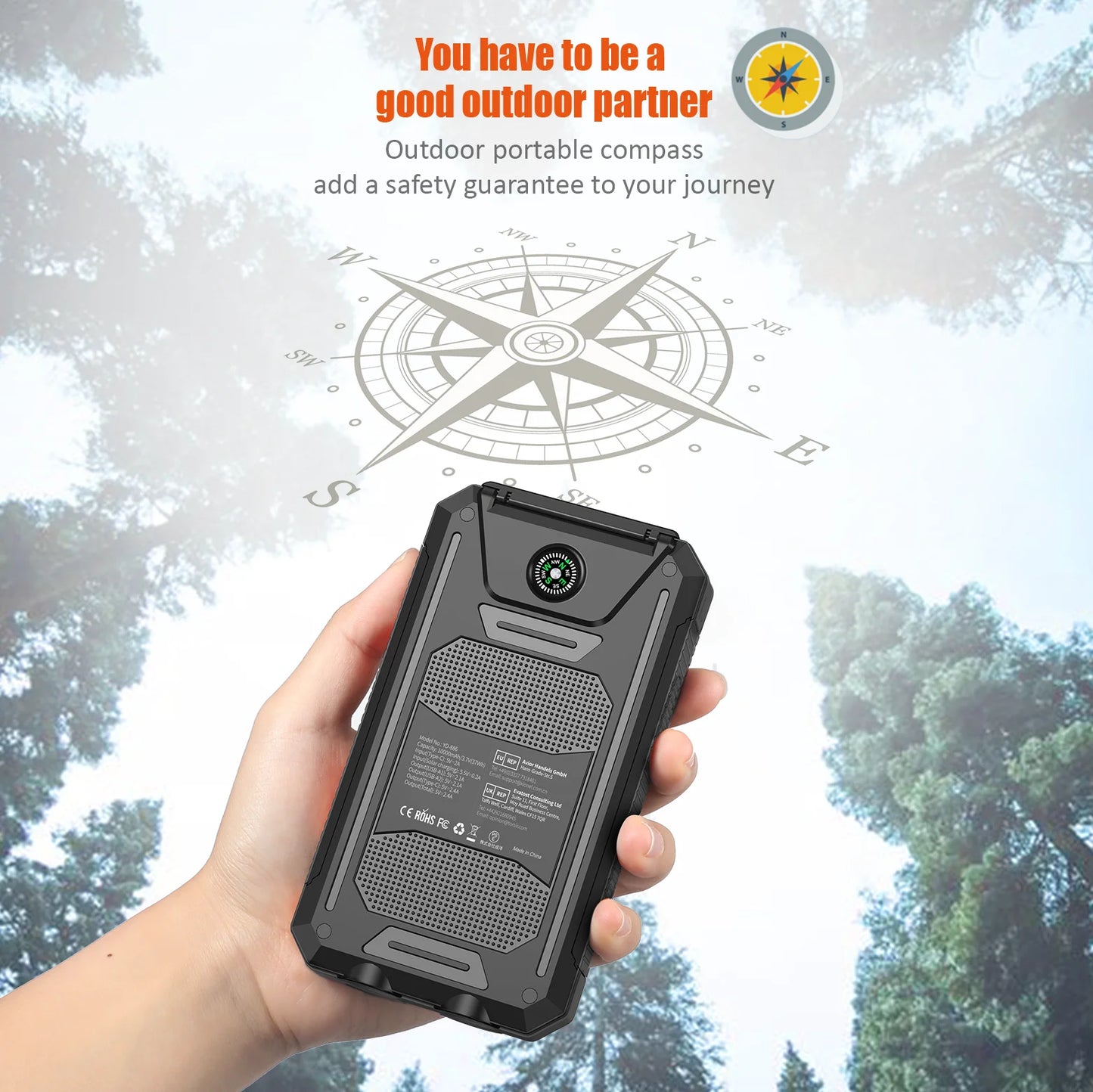 10000mAh Solar Charging Power Bank,Dual USB & Type C Output Port Multichargerlashlight and Compass
