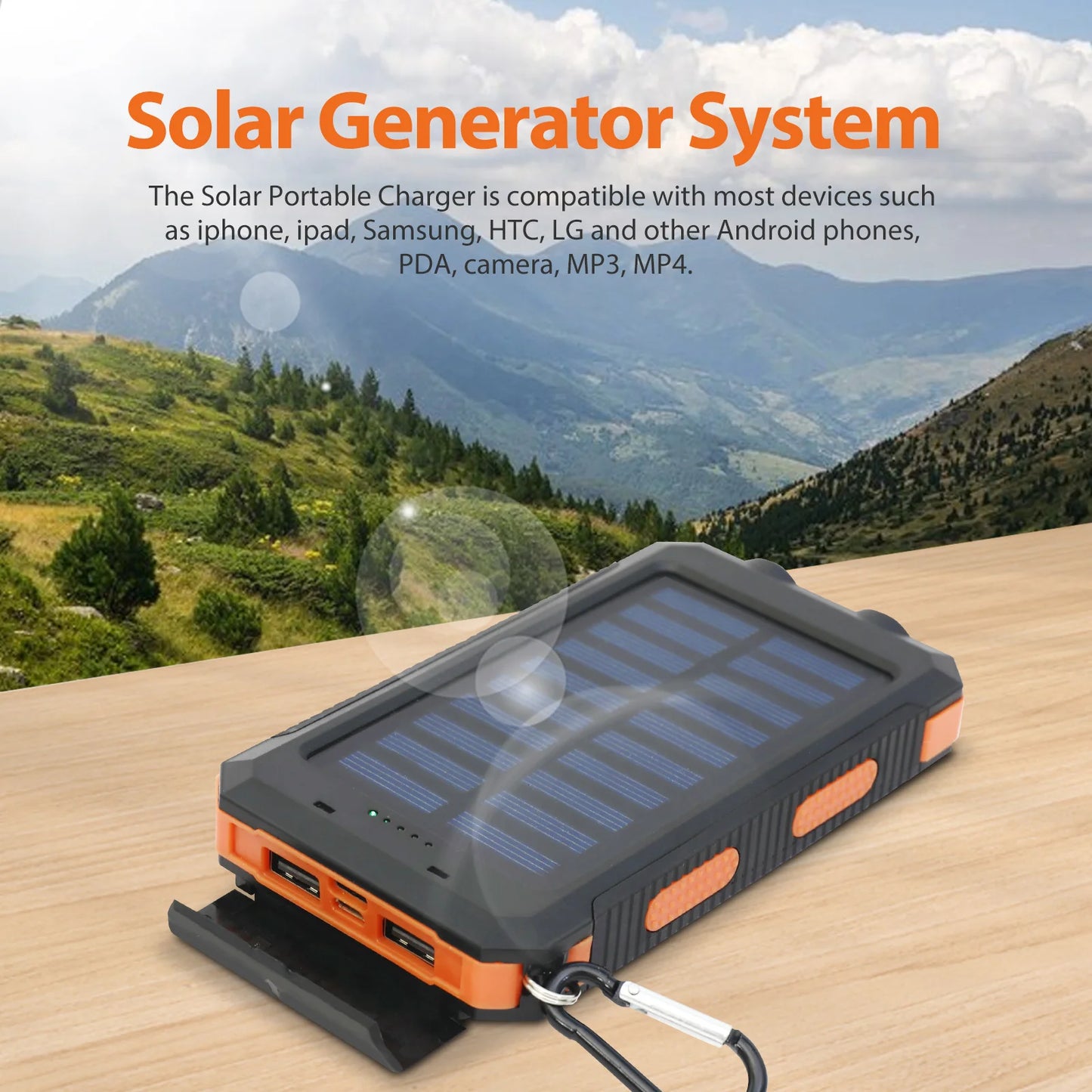20000mAh Solar Power Bank Portable Charger Waterproof Dual 5V USB Ports 2 LED Light Flashlight Cell