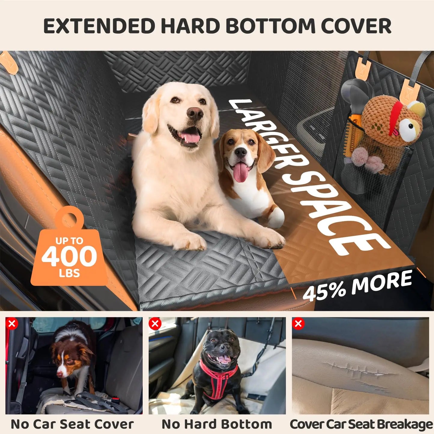 Car Rear Seat Seat Cover, Hard Bottom to 400 Pounds, 600D Heavy-Duty Anti-Scratch Washable Cars/Suvs