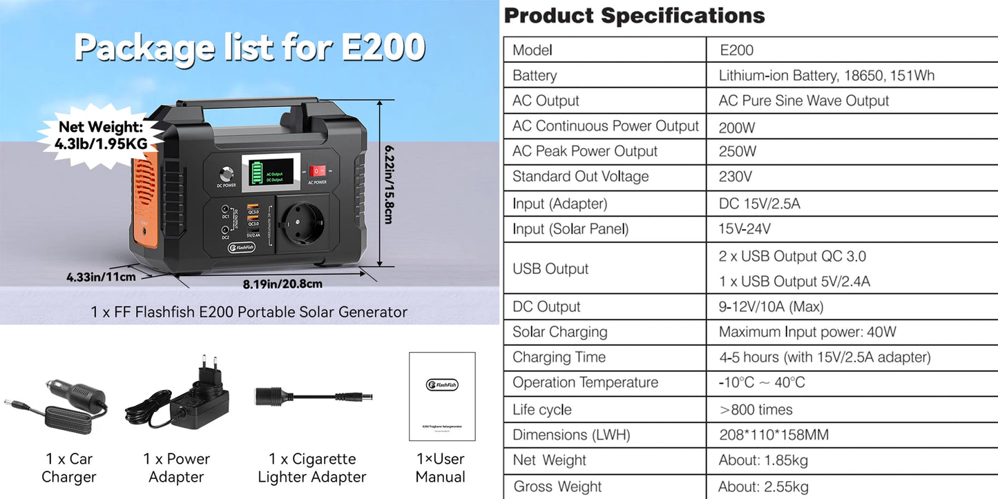 151Wh Solar Generator AC 200W Power Station,18V 50W Foldable Solar Panel Battery Complete Kit