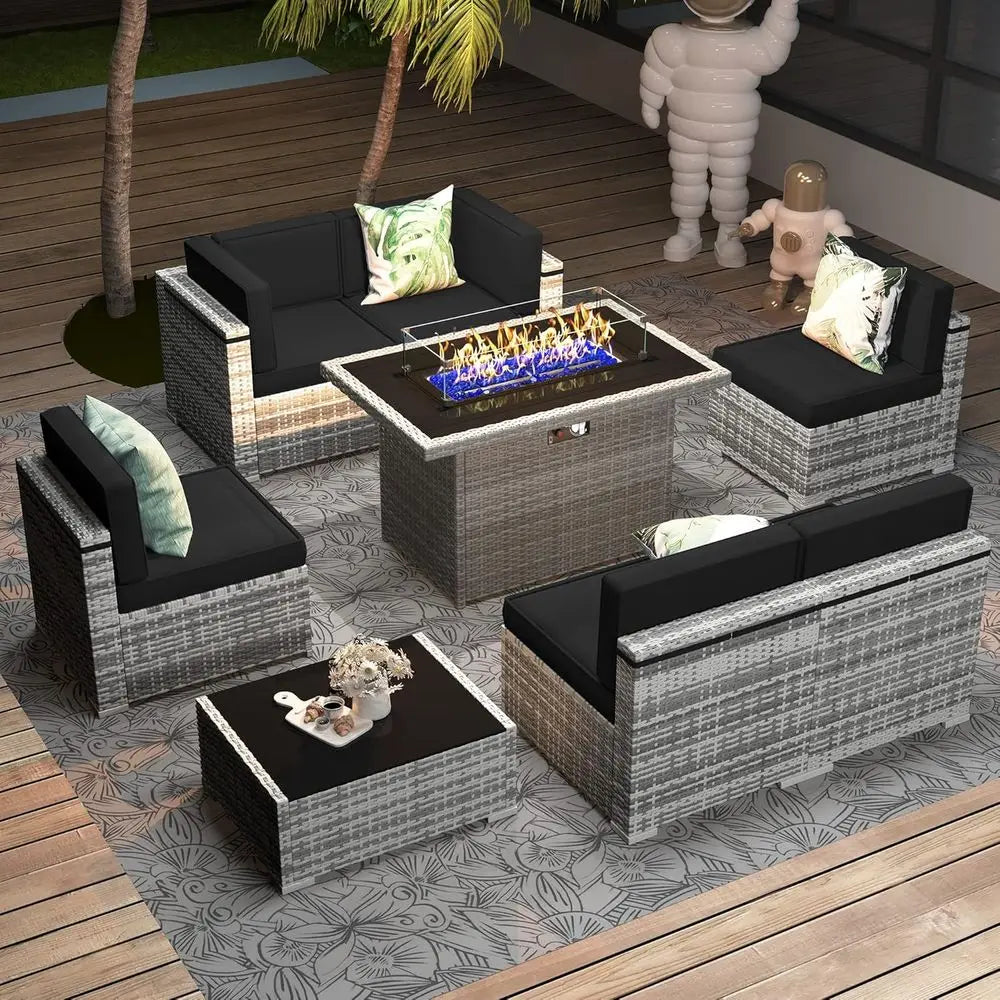 8-Piece Outdoor Wicker Sofa Set with Propane Fire Pit Table