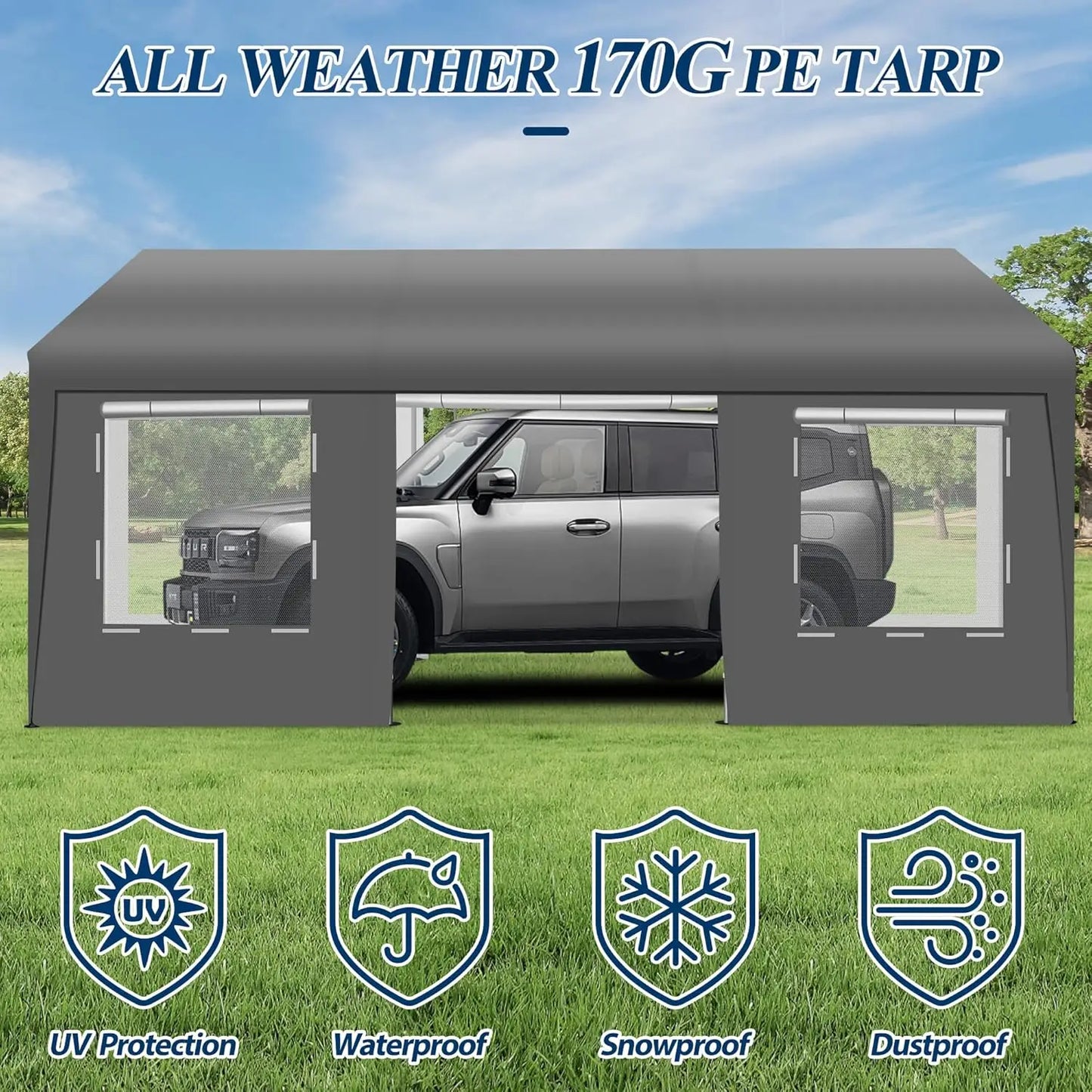 Heavy Duty Carport Tent - Portable Outdoor Canopy with Roll-up Side Doors & Windows, Portable Garage