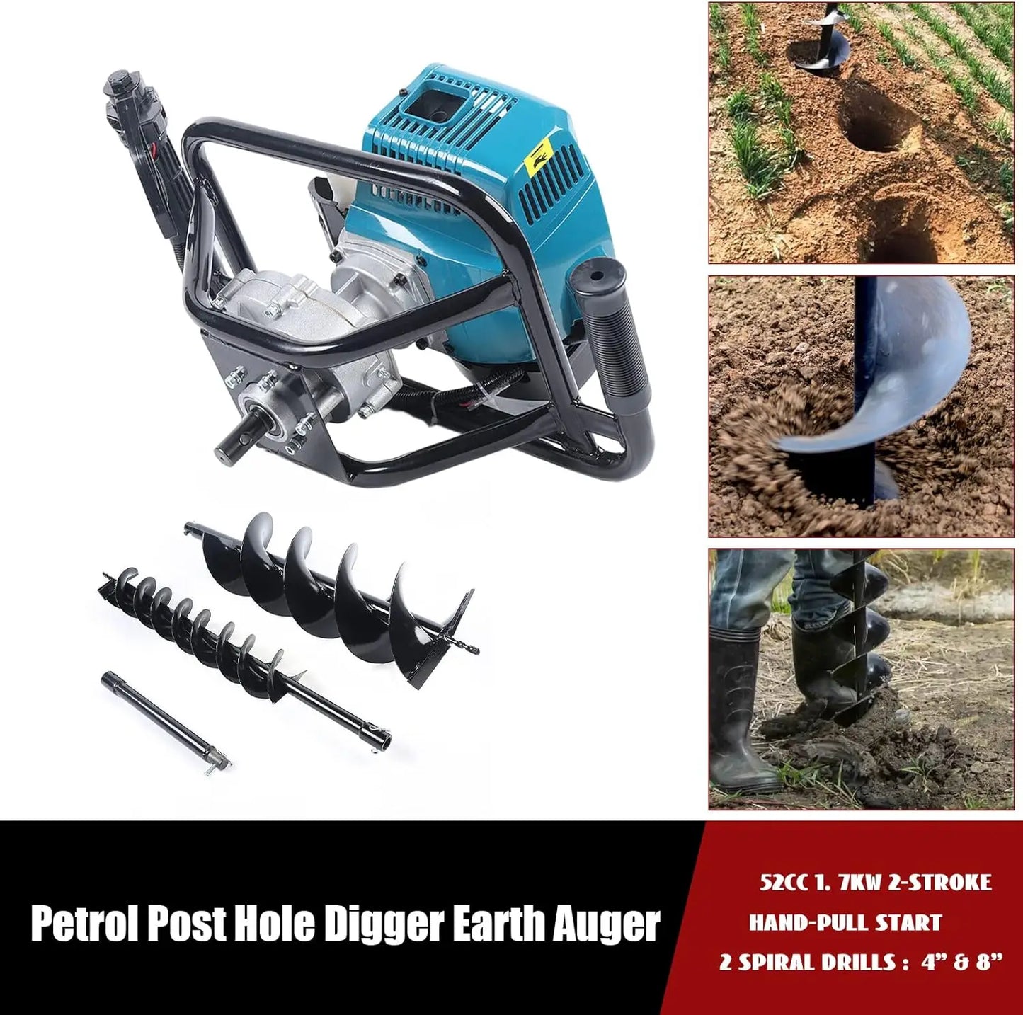 52CC Post Hole Digger 2-Stroke 2.3HP 1.7KW Gas  Hole Digger,Earth Auger, 2 Drill Bits (4" & 8")
