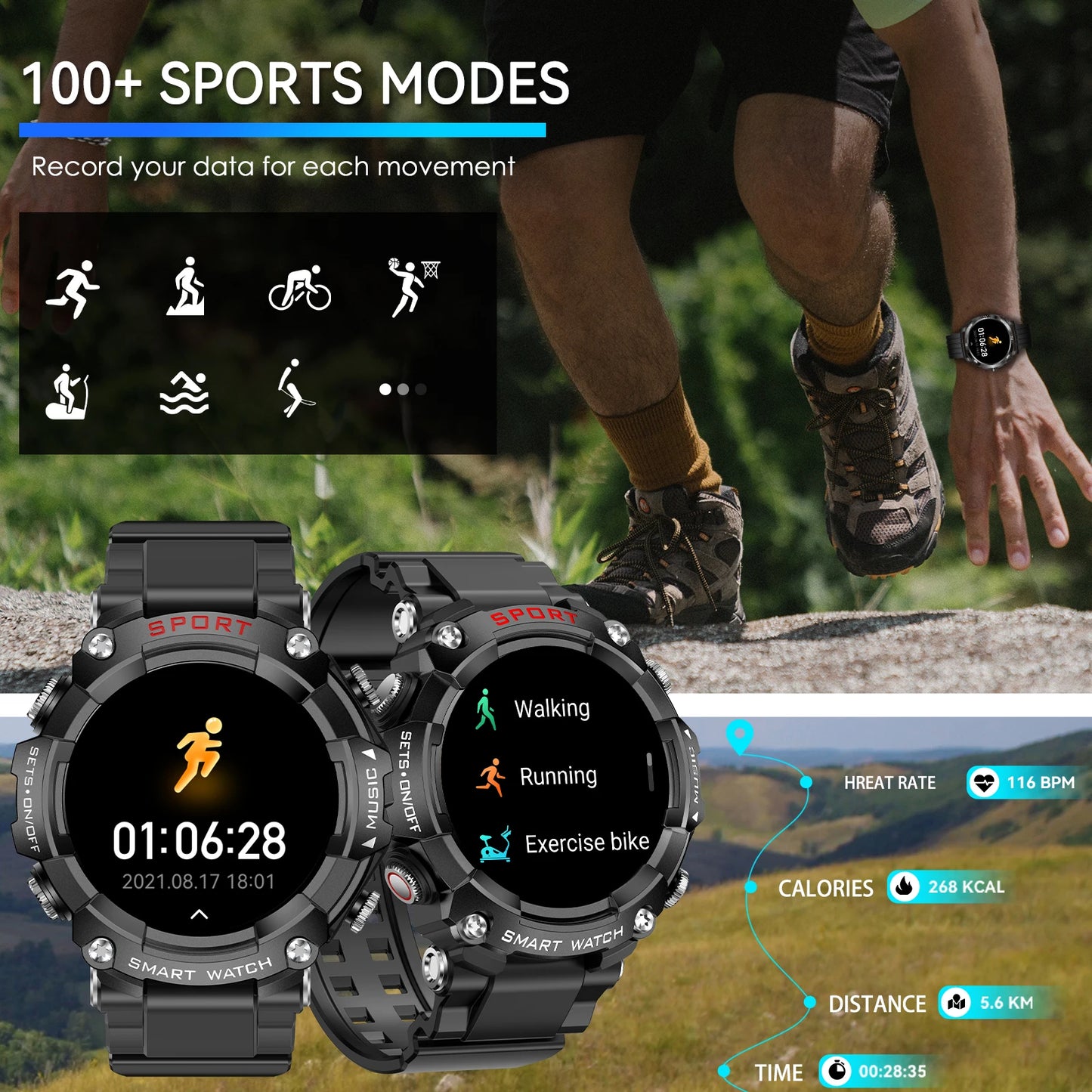 Smart Watch AMOLED Display In-Ear Bluetooth Headset Heart Rate Blood P, Oxygen Sat. Monitoring HD