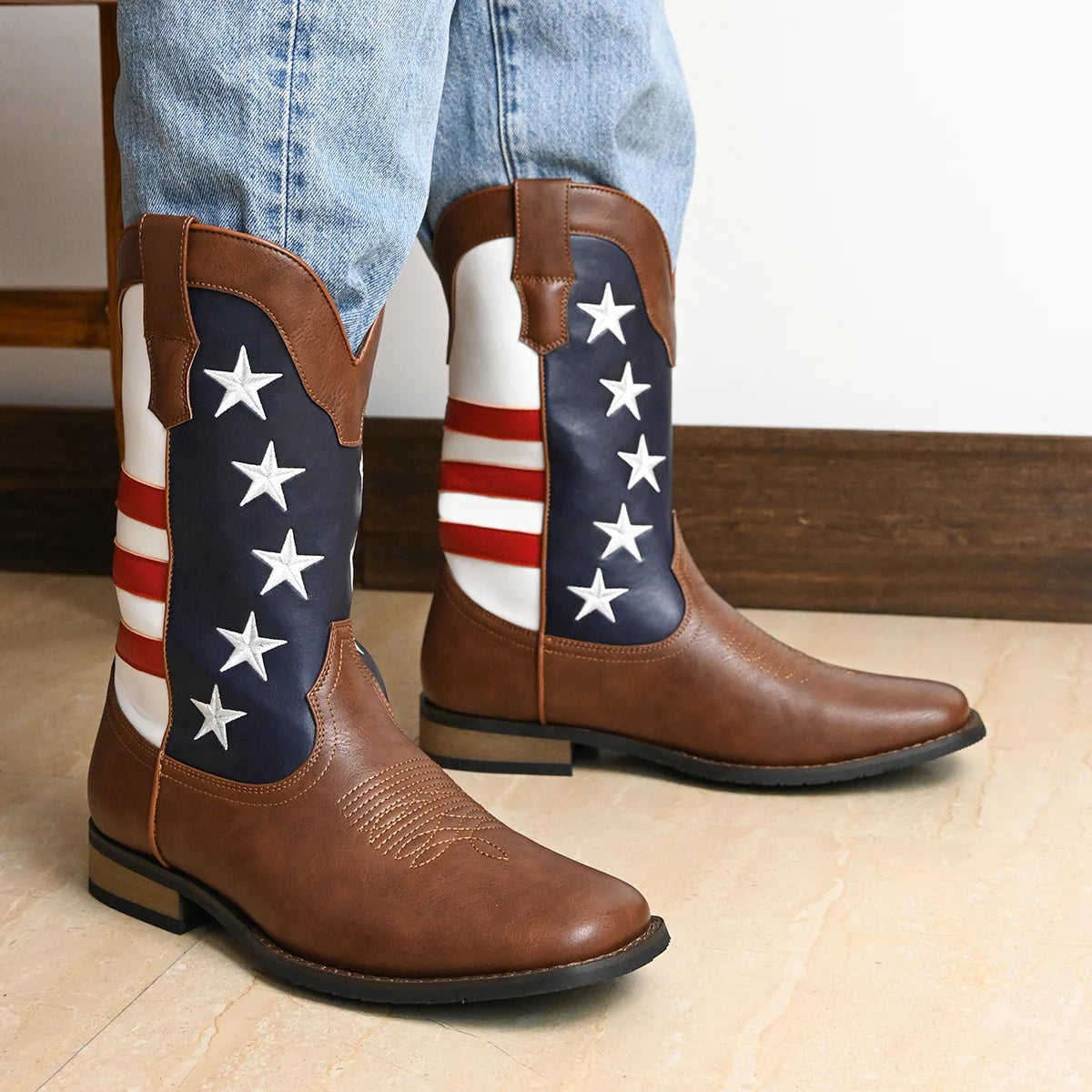 Men's Trendy High Top Cowboys Boots, Stars &Stripes, Non Slip Comfy Durable Outdoor Travel,Walking