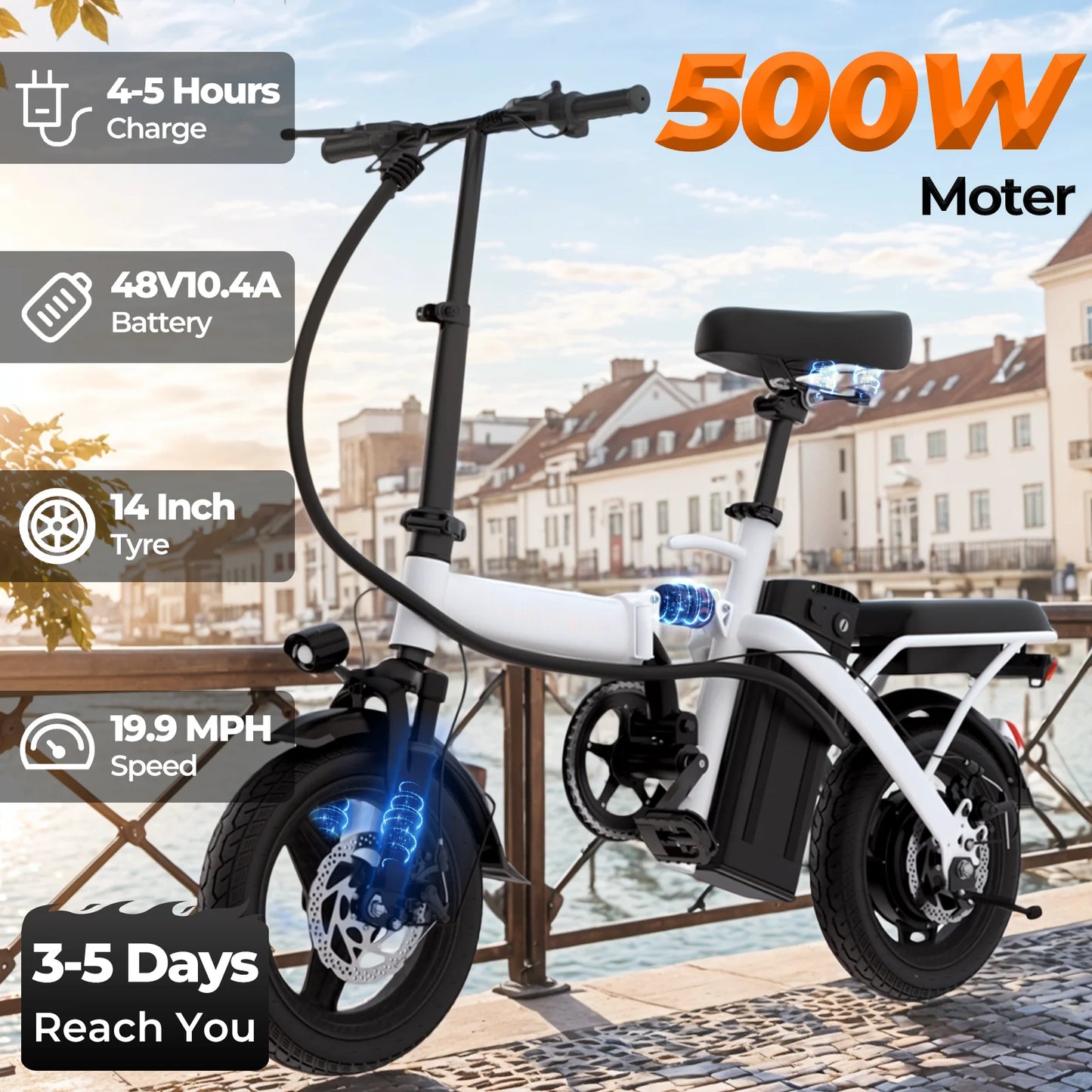 14-inch electric bike, easy to fold,  commuter 500W motor, removable battery, 20-mile max range