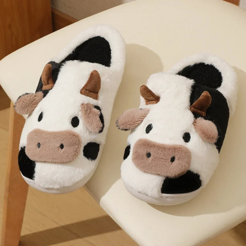 New winter neutral cartoon cow warm slippers for couples, indoor anti slip