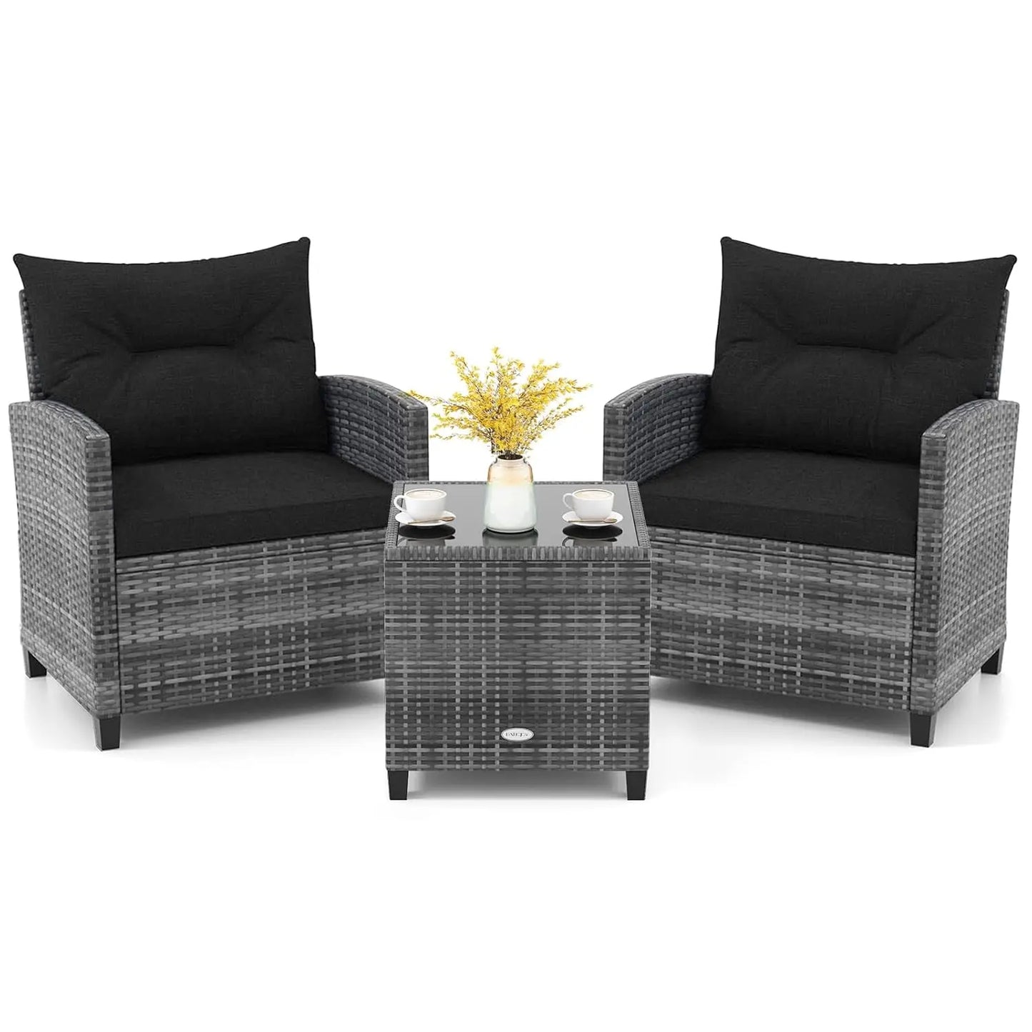 3 Piece Furniture Set, Outdoor Rattan Conversation Set Washable Cushions & Tempered Glass Tabletop