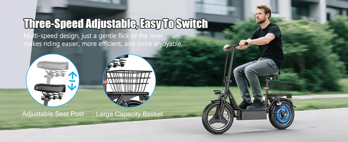 E-Scooter Adults,650W Peak Motor,48V15AH Battery, Seat,Up to 20MPH,25Miles Long Range,With Basket