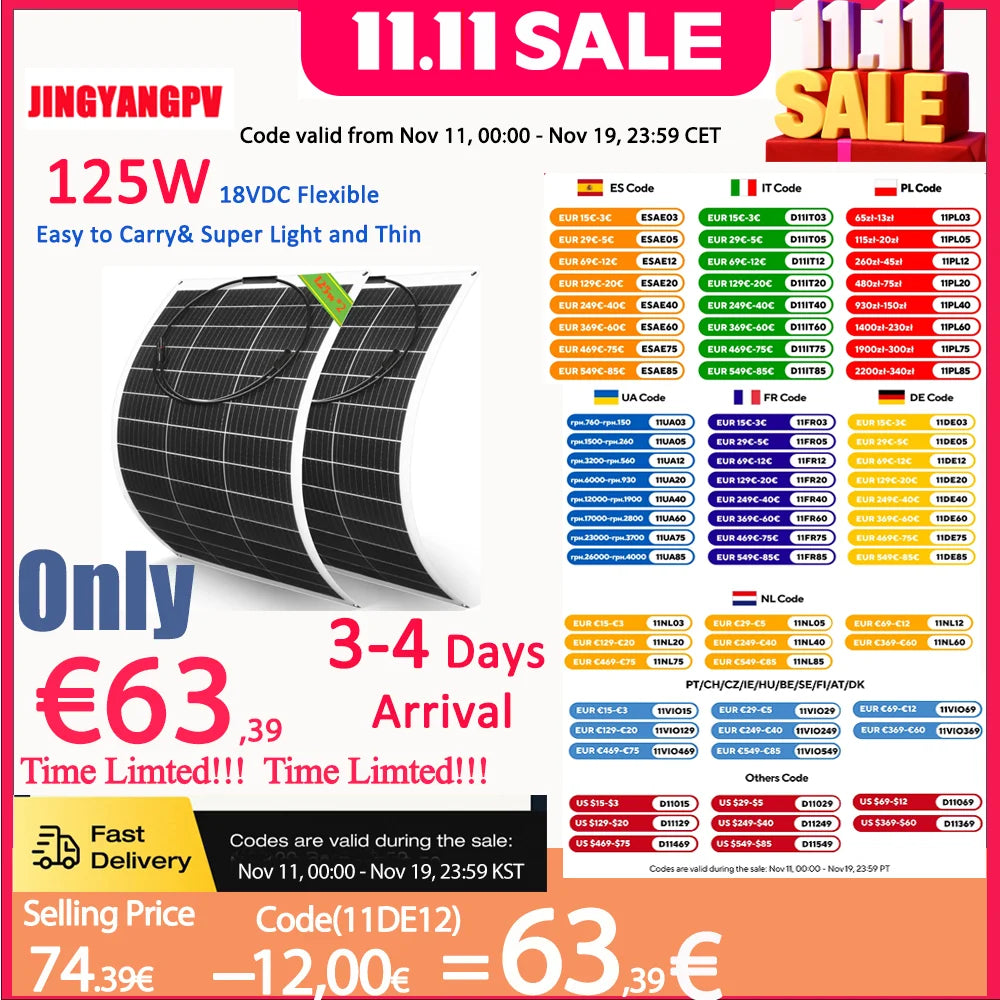 Solar Panel 250W 2pcs 125W Flexible 18V Unique Tech Power Station 12V Battery Charger,Camp Boat RV