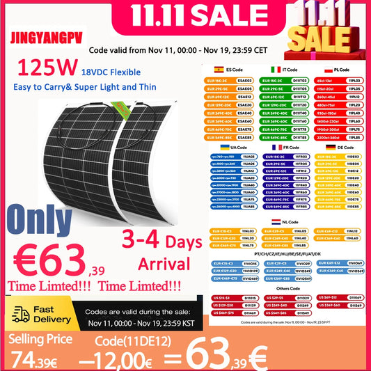 Solar Panel 250W 2pcs 125W Flexible 18V Unique Tech Power Station 12V Battery Charger,Camp Boat RV