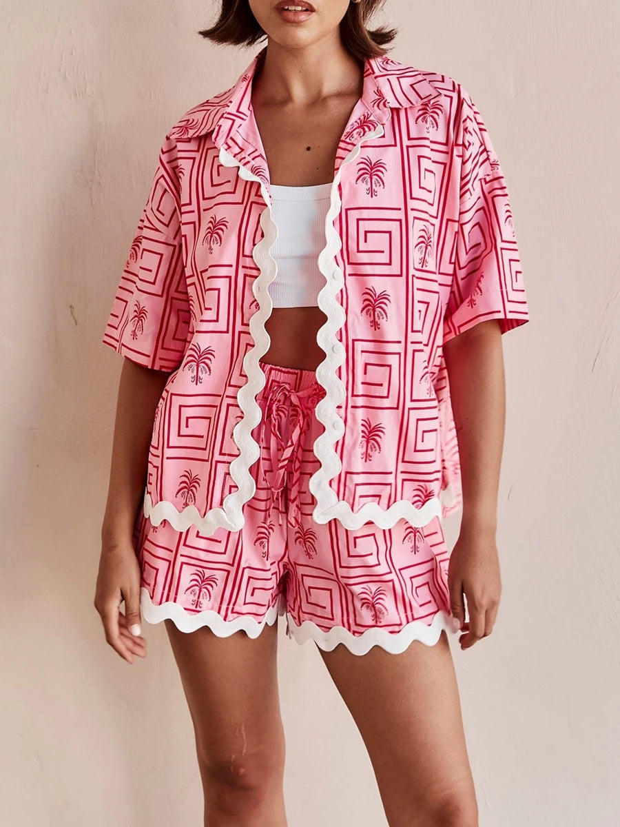 Women s Summer Loungewear Set Fashion Print Short Sleeve Lapel Button T-Shirt ,Trim Shorts Sleepwear