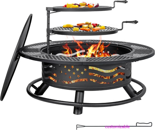 42 Inch Fire Pit, 2 Cooking Grate, Outdoor Wood Burning BBQ Grill Firepit Cover Lid, Steel Rnd Table