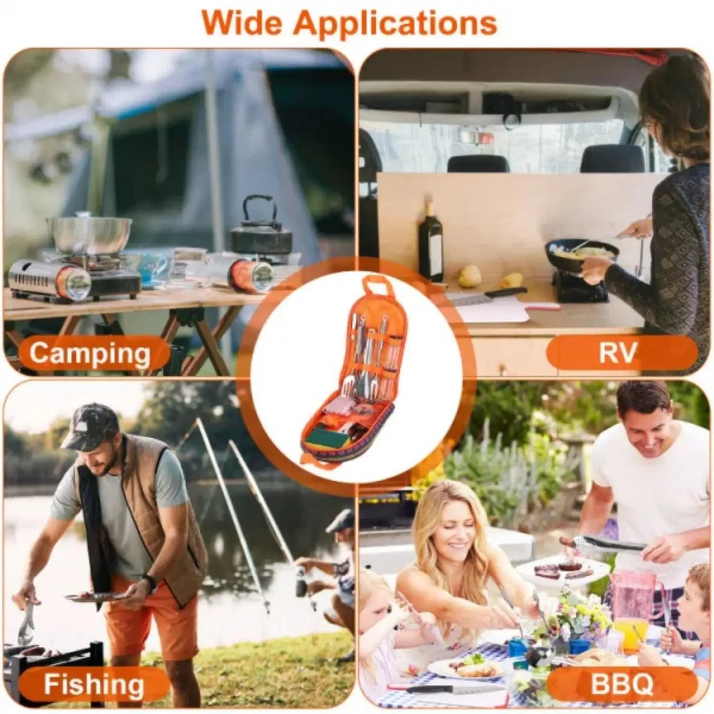 19pcs camp cooking kit Portable picnic cookware Outdoor kitchen Gear campfire BBQ kit w\storage bag