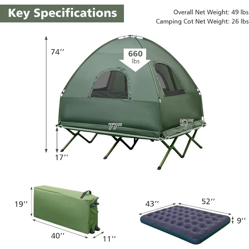 Tent Cot, 5-in-1 Elevated  Cot with Sunshade, Air Mattress, Sleeping Bag & Pillow, Portable