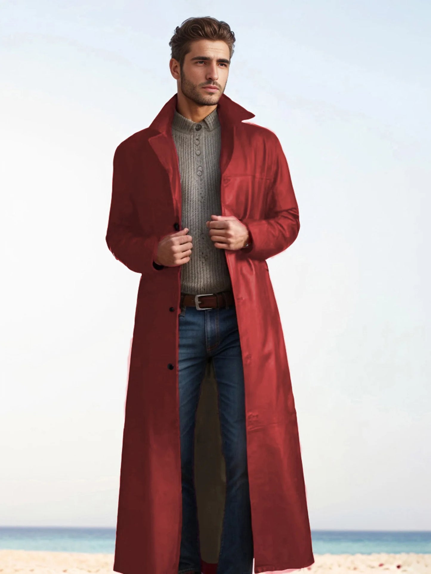 Men s Faux Leather Jacket Classic Lapel Collar Long Sleeve Button Closure Windproof Fall Winter