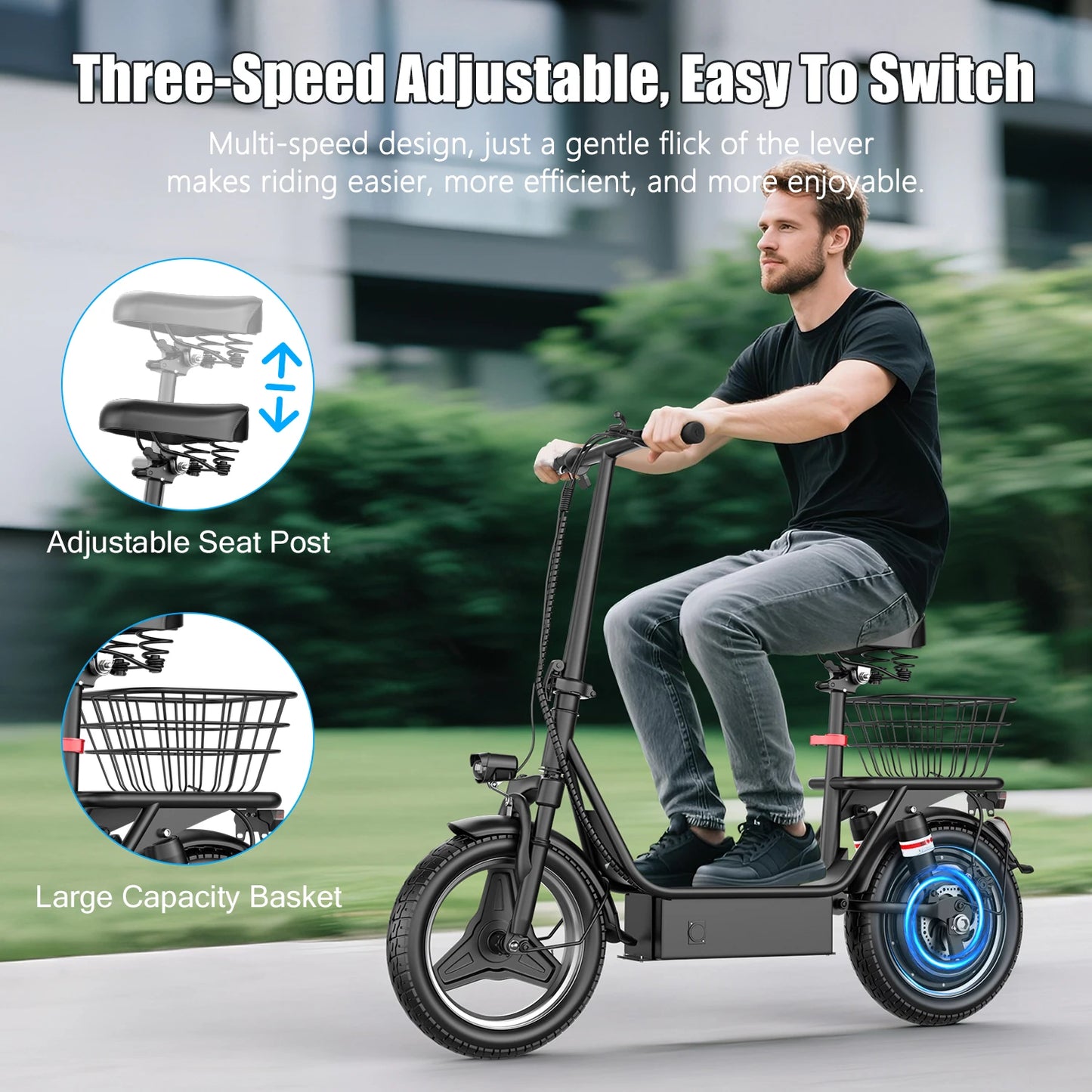E-Scooter Adults,650W Peak Motor,48V15AH Battery, Seat,Up to 20MPH,25Miles Long Range,With Basket