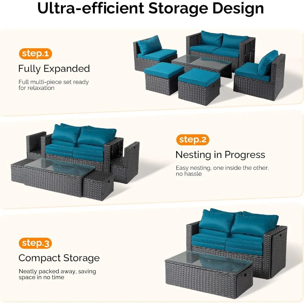 6 Pieces Wicker Patio Set, Outdoor Sectional Conversation Set Space-Saving Design with Ottomans