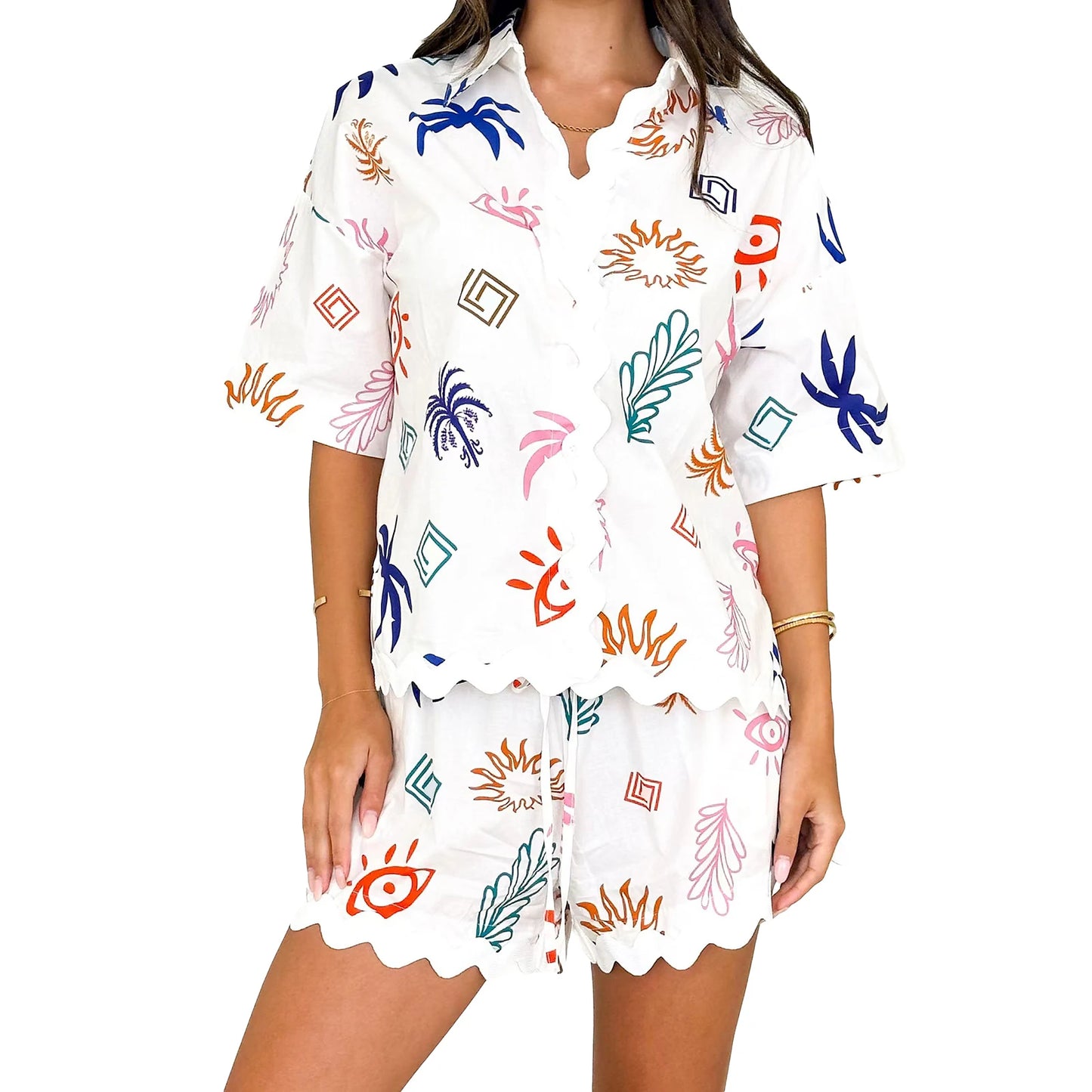 Women s Summer Loungewear Set Fashion Print Short Sleeve Lapel Button T-Shirt ,Trim Shorts Sleepwear