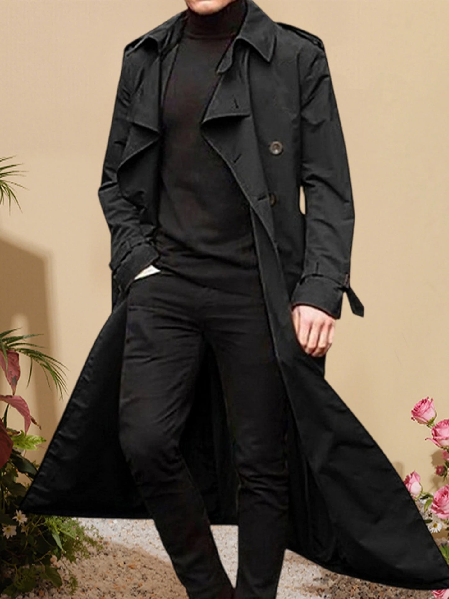 Men s Classic Wool Blend Trench Coat, Removable Belt, Notched Lapel Collar Warm Winter Overcoat