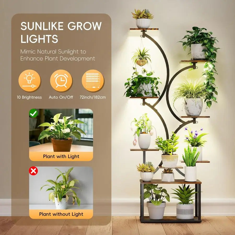 indoor,Grow Lights, 64 Tall 9Tier SShaped Modern Plant Shelf,Rustic Wood Boards, Decorative Metal