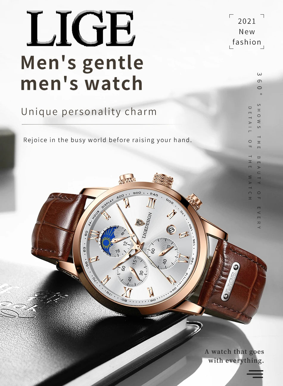 LIGE Business Watch Men Fashion Leather Military Waterproof Mn's Quartz 24 Hour Moon Phase