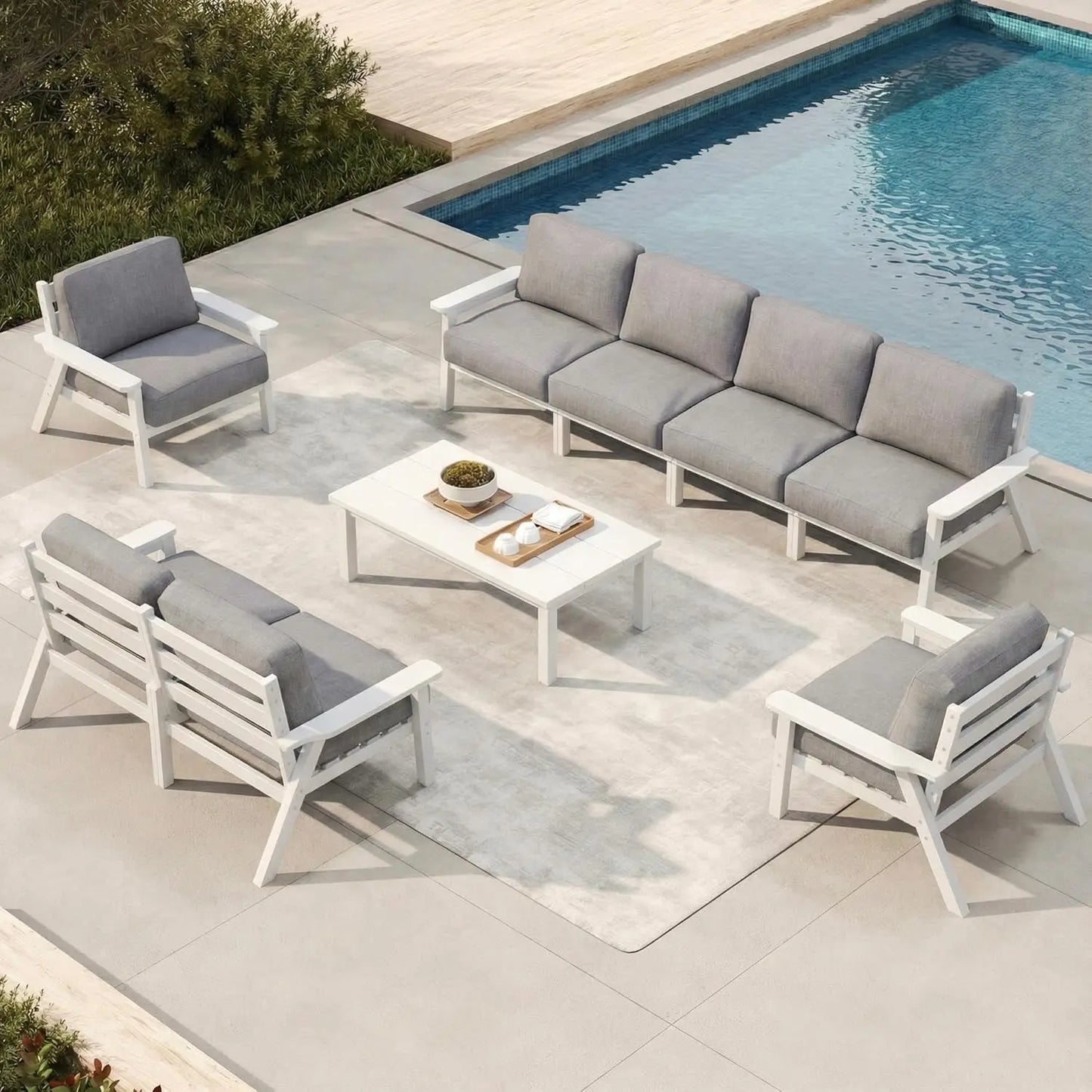 Patio Set 8 Seats, Outdoor Sectional, Beige Washable Thick Cushions, Coffee Table, Patio