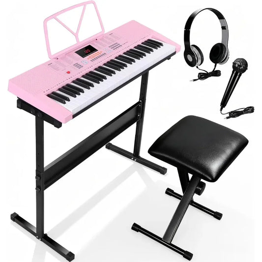 Portable61Key Elect Keyboard Piano,Stand,LED Disp.Adjust-Height Stand/Stool Include Headph Microphon