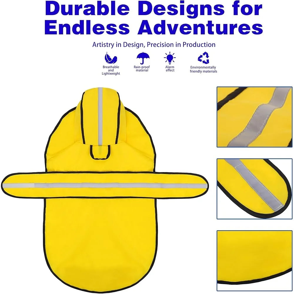 Dog Raincoat Waterproof Hooded, Reflective Stripes Leash Hole Adjustable Fit Lightweight Durable