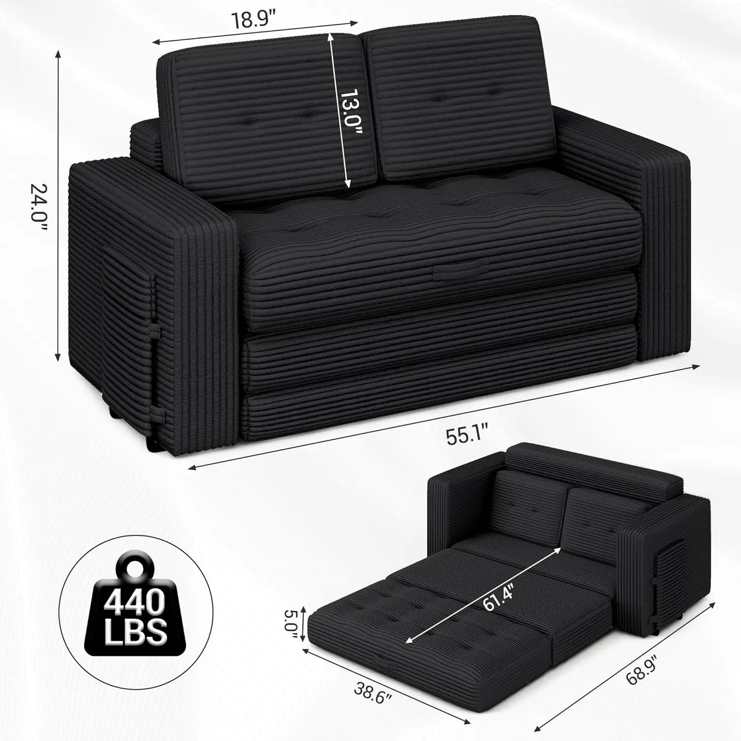 Indoor 3 Fold Convertible Sofa Bed, Black - Pull Out Boneless Couch, Loveseat Sleeper, Pillows