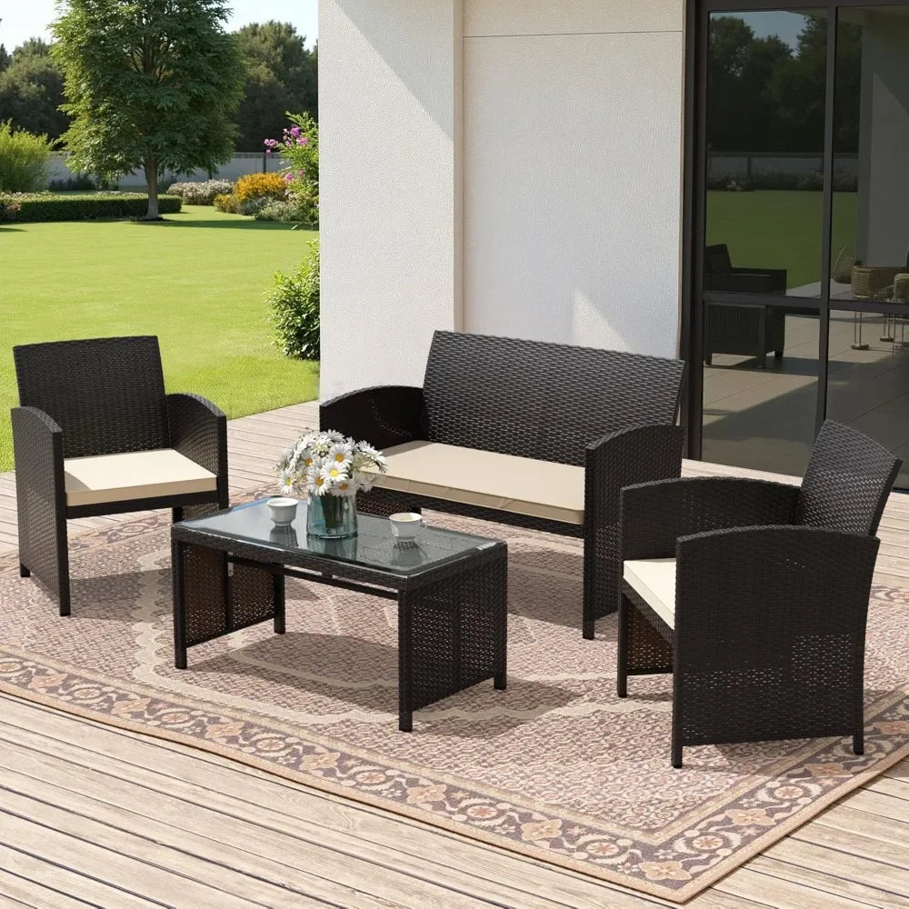 Premium 4-piece patio, wicker conversation set, 2 rattan chairs1 loveseat 1 coffee table remove cush