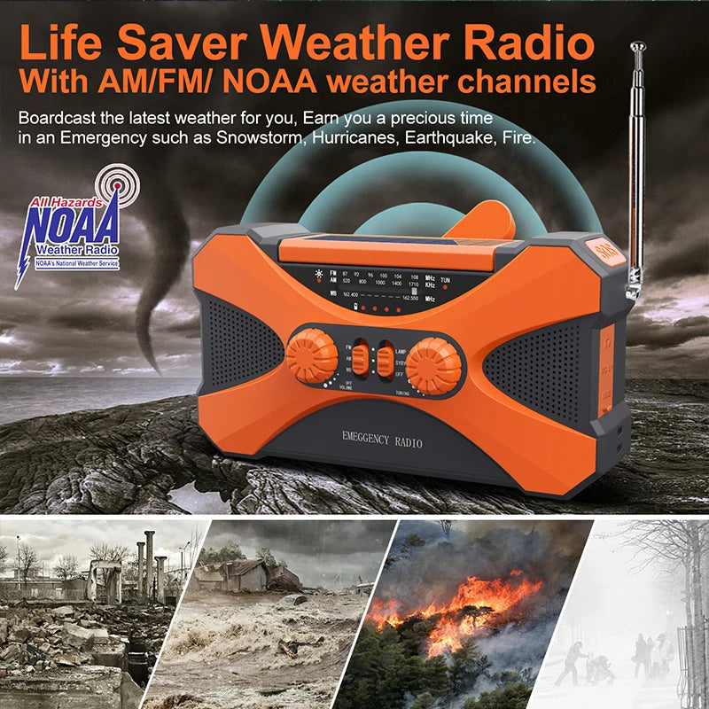 10000mAh charger High Capacity Emergency Radio Solar Hand Crank LED Flashlight SOS Alarm Survival