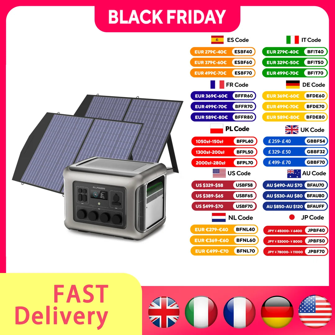R2500 Solar Generator 2500W (4000W Peak), 2016Wh LiFePO4 Portable Power Solarpanel 4 AC Outlets