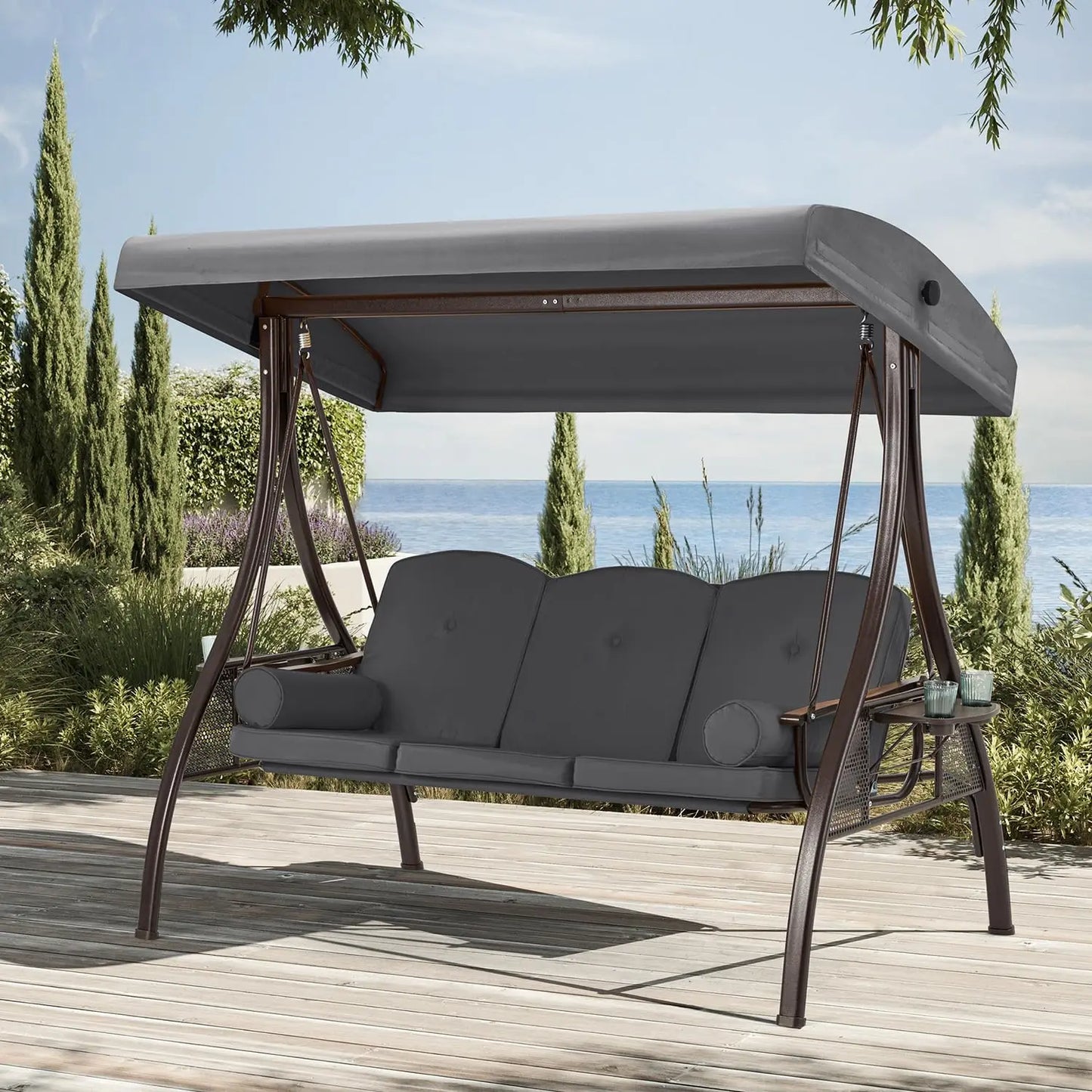 3 Person Outdoor Porch Swing,1.5" Upgraded Cup Holder, Adjust Canopy, Backrest, Patio Swing Bed