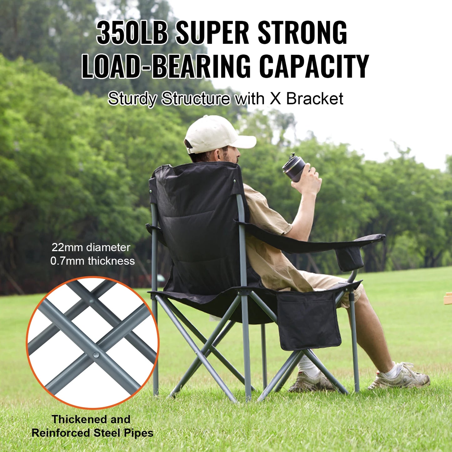 Camping Folding Chair, Adults Portable Quad Lumbar Back Padded Arm, Side Pockets Beach, Lawn, Picnic