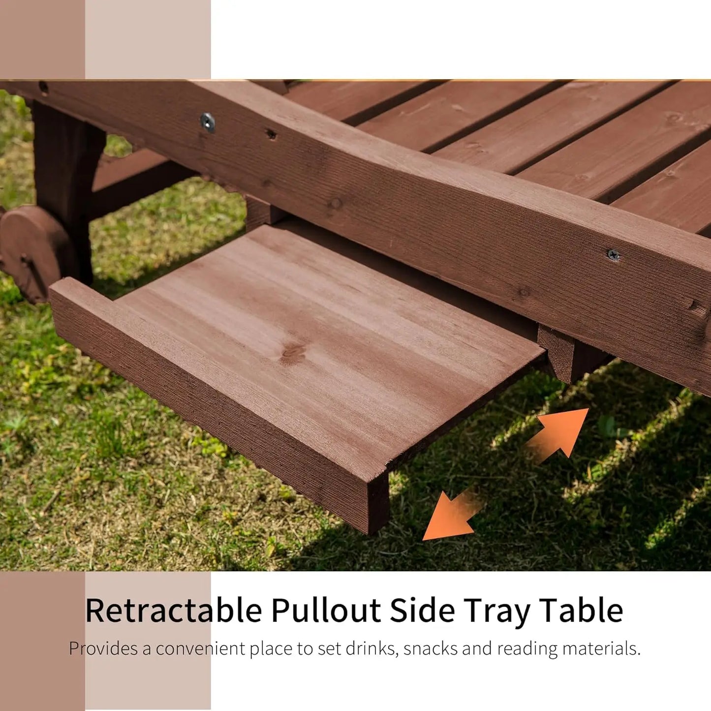 Adjust Chaise wooden Lounge Built-in Table & Wheels, Outdoor Poolside Sunbathing, Brown Red