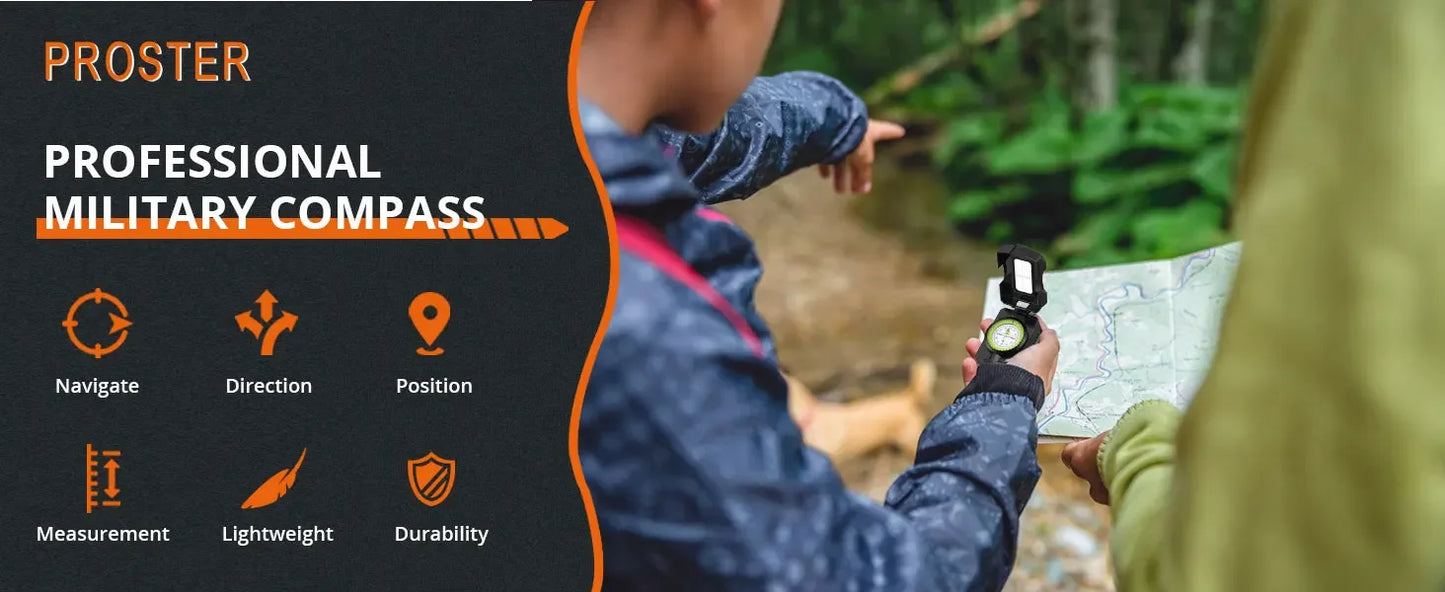 Proster Hiking Compass - Aluminium, Waterproof, Clinometer, Fluorescent Scale, Carry Bag (128 chars)