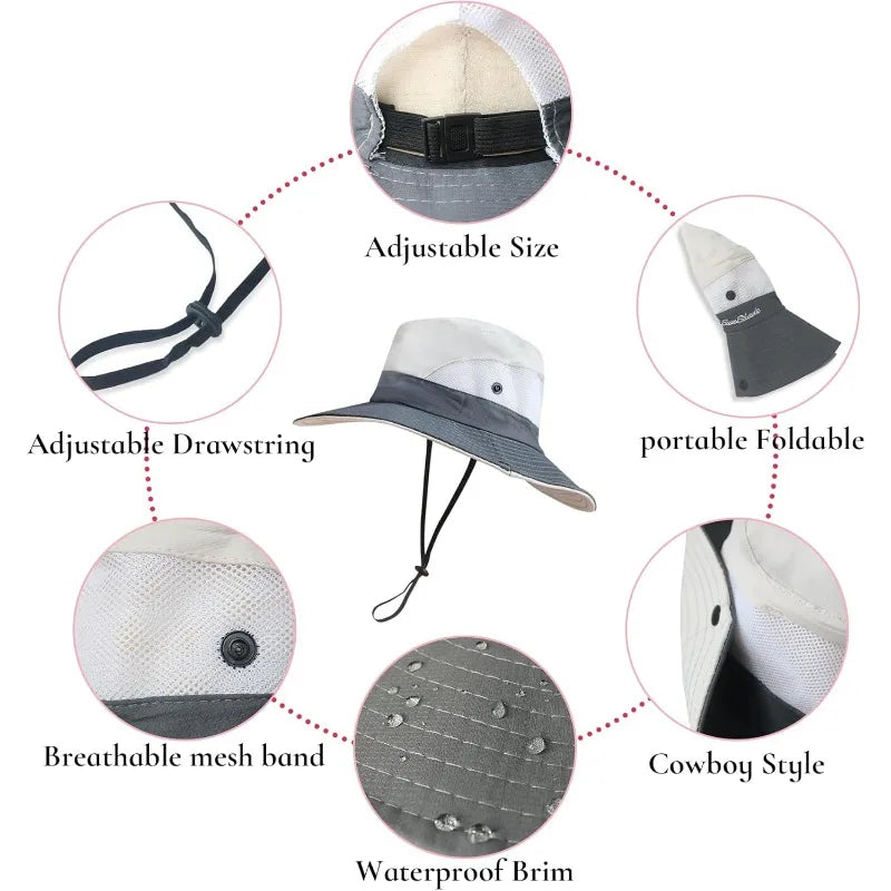 Ponytail sun hat for women with wide brim UPF 50+ fishing and beach