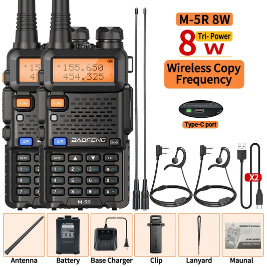 2PCS M-5R 8W Walkie Talkie Multi Band Type-C Wireless Copy Frequency AM Long Range UV-5R Two Way Ham