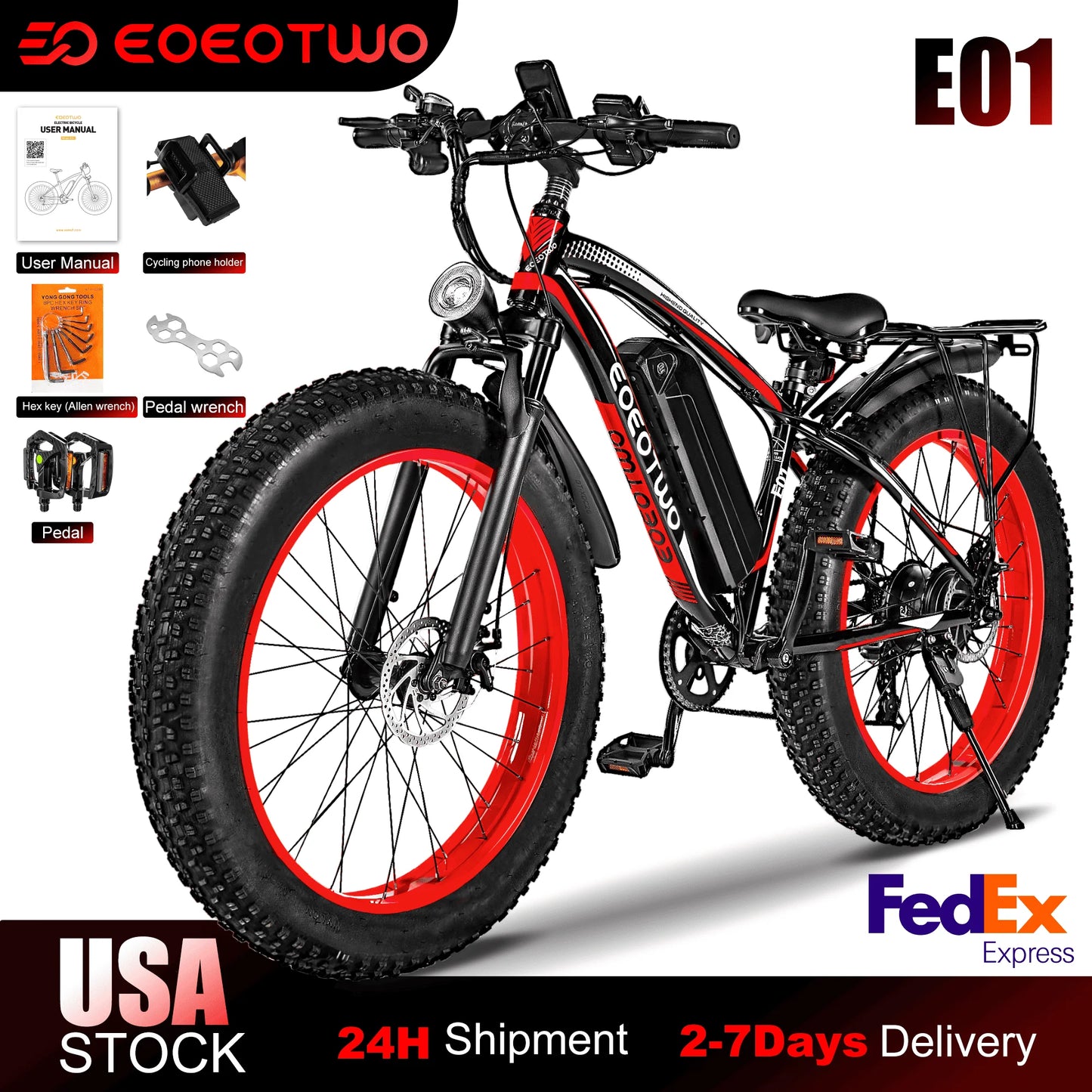 Elec.Bike Adults 1500W Peak Motor 34Mph Electric Bicycle 26" Fat Tire Mountain60Mile Range 48V 15AH